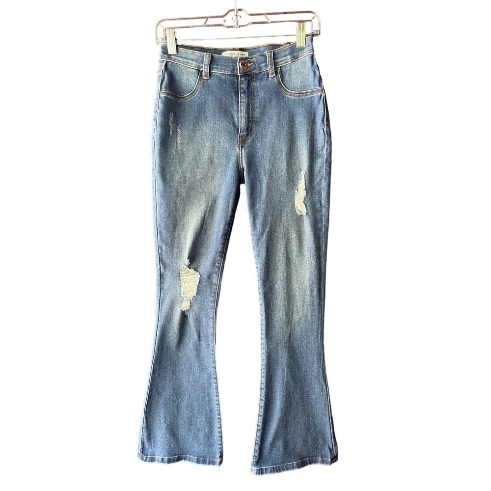 Encore Jeans Women's Size 7 Flare Distressed Light Wash Denim Blue Mid Rise